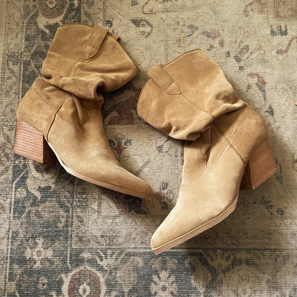 Steve Madden Taos Slouch Suede Western Boot Tan Brown Pull On Block Heel Size 10 - Picture 3 of 10